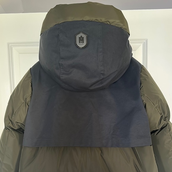 Mackage Inari-o Down Coat Two Tone Puffer Jacket Navy Green Mixed Media Parka - Picture 9 of 17